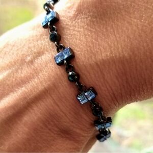 Givenchy Vintage Art Deco Gun Metal Hematite & Ocean Blue Crystal Bracelet
